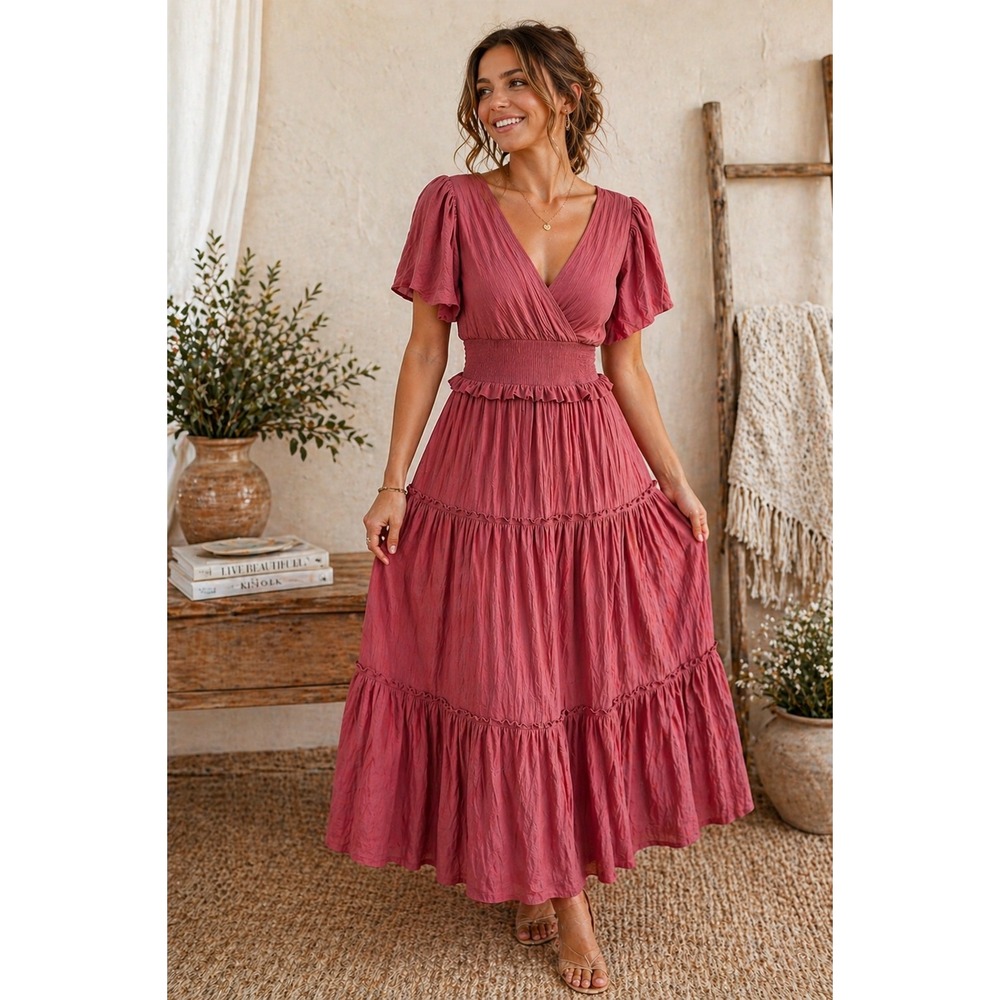 Audrey Parks Womens Smocked Milkmaid Tiered Maxi Dress Pink Princess Feminine S